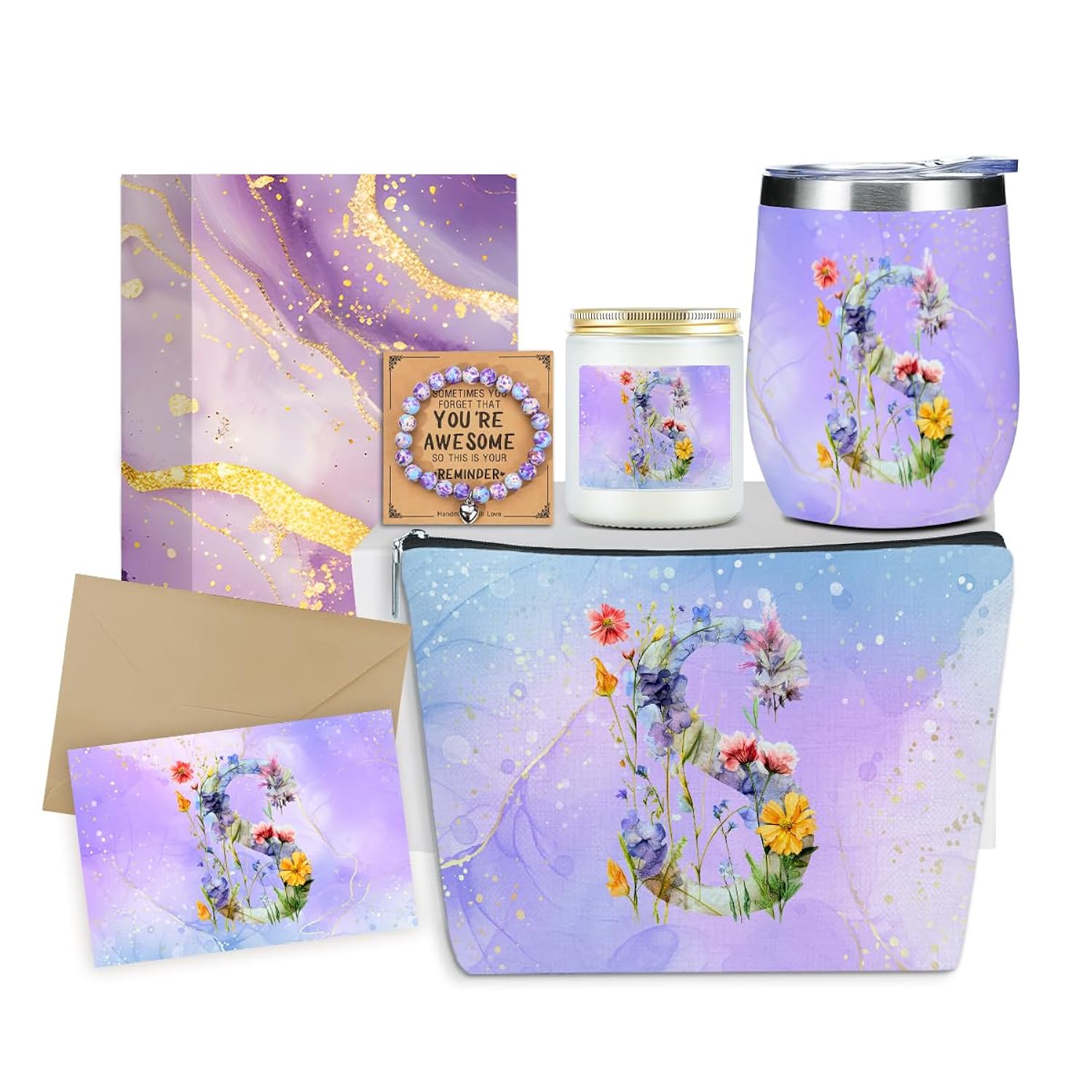 Personalized Gifts Monogrammed Birthday Gifts For Women, New Mom, Grandma Valentine'S Day Thank You Christmas, Initial Wine Tumbler Makeup Bag Scented Candle Bracelet Set, (Aesthetic Purple Flower S)