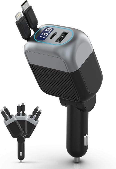 87W 4 in 1 Retractable Car Charger USB C Fast Charging Adapter for iPhone Samsung