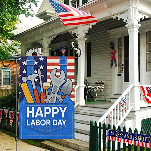 Happy Labor Day Garden Flag 12x18 Double Sided Vertical, Burlap Small USA Garden Yard House Flags Banner Outdoor Outside Labor Day Decoration (ONLY FLAG)