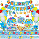 Beach Ball Birthday Party Supplies - Pool Party Decorations Set Includes Happy Birthday Banner, Hanging Swirl, Plates, Cups, Napkins, Tableware, Tablecloth, Balloons - Serves 20