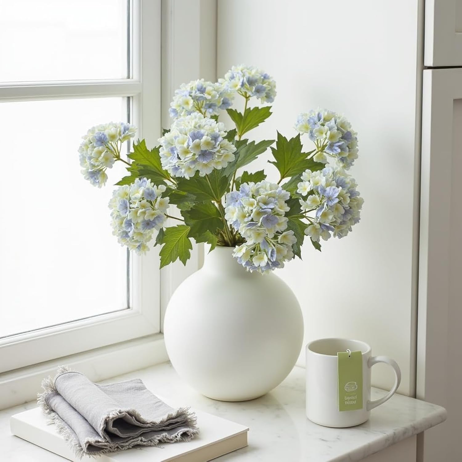 27 Inch Artificial Hydrangea Flowers, 4 Stems With 3-Head Blooms, White To Blue Gradient – Real Touch, Maintenance-Free For Wedding Centerpieces, Home & Office Decor