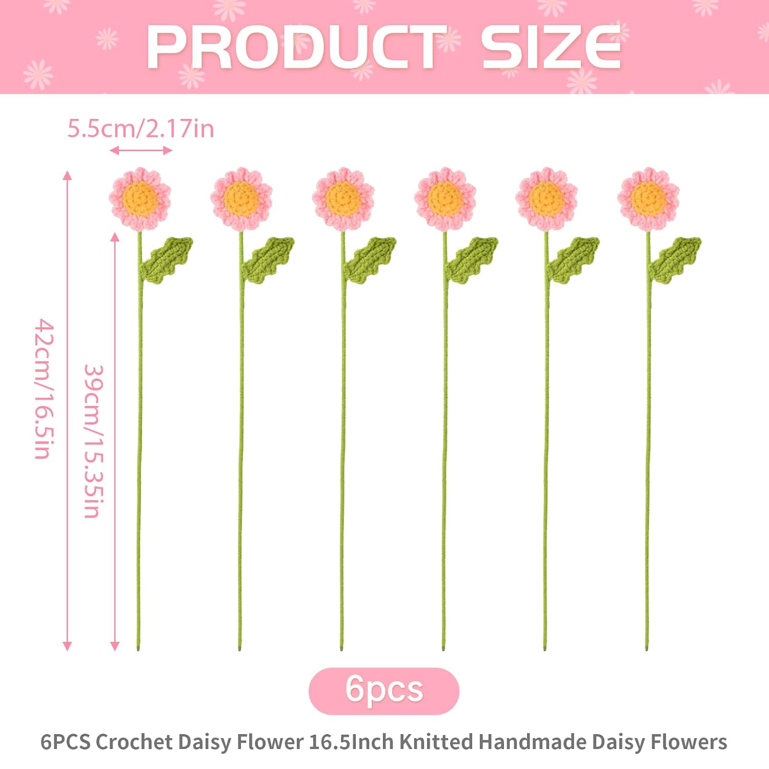 6Pcs Crochet Daisy Flower 16.5Inch Knitted Handmade Daisy Flowers Cotton Knitted Flowers For Indoor Outdoor Home Kitchen Office Table Garden Decorations (Pink)