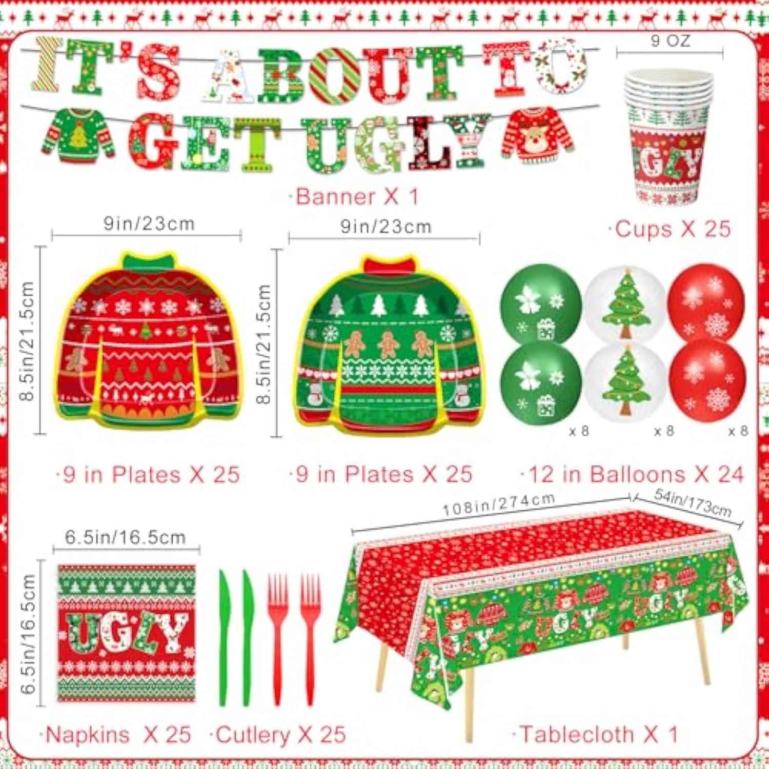 176 Pcs Ugly Sweater Party Decorations - Christmas Party Supplies Includes Plates, Napkins, Cups, Forks, Knives, Banner, Tablecloth, Balloon Garland Kit For Christmas Party Decorations, Serves 25