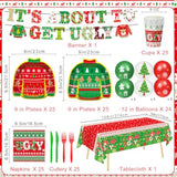 176 Pcs Ugly Sweater Party Decorations - Christmas Party Supplies Includes Plates, Napkins, Cups, Forks, Knives, Banner, Tablecloth, Balloon Garland Kit For Christmas Party Decorations, Serves 25