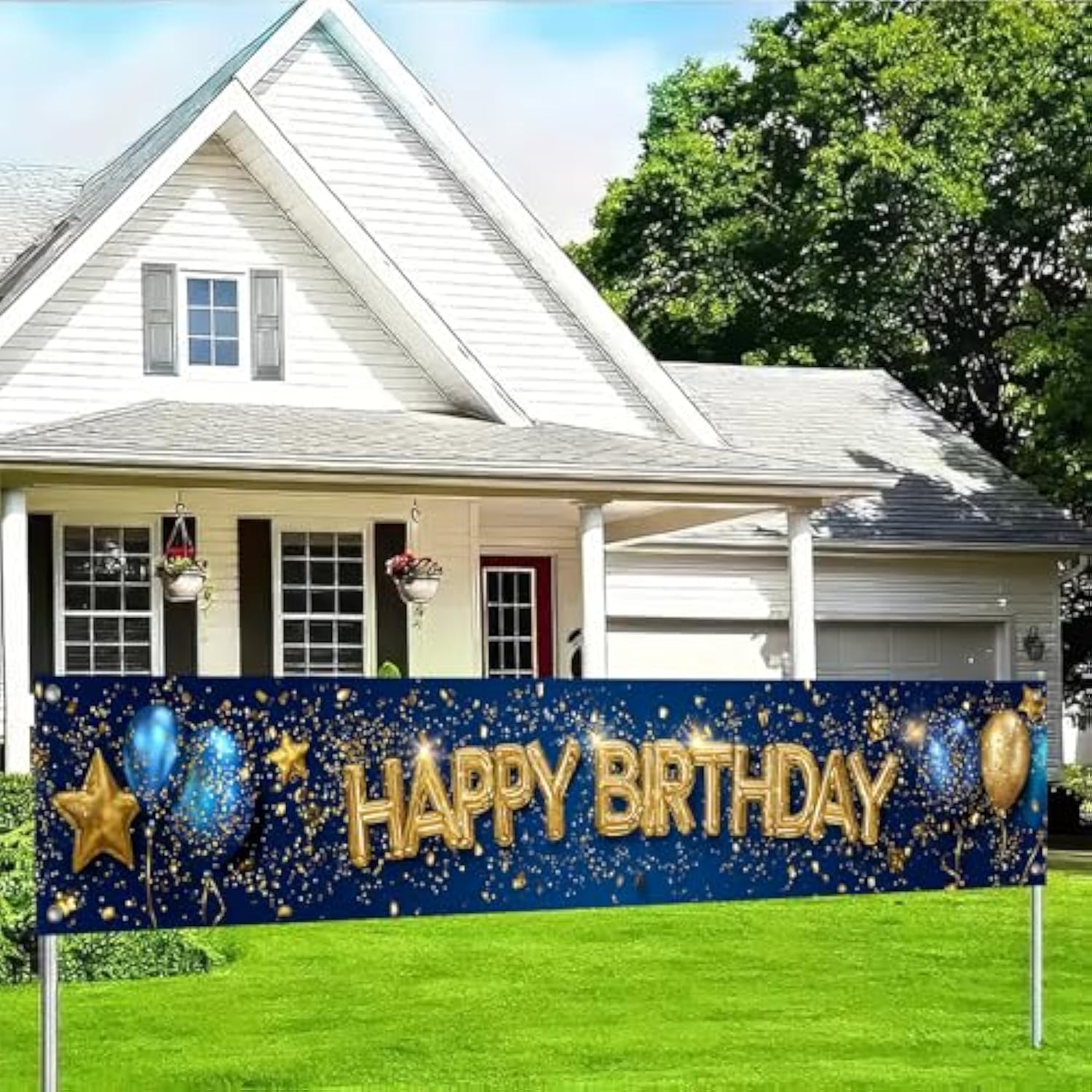 Happy Birthday Long Banner 118X20 Inch Royal Blue Gold Theme Party Backdrop Decoration Balloons Stars Polyester Fabric Large Event Supplies For Girls Or Boys Gifts Longs Banners