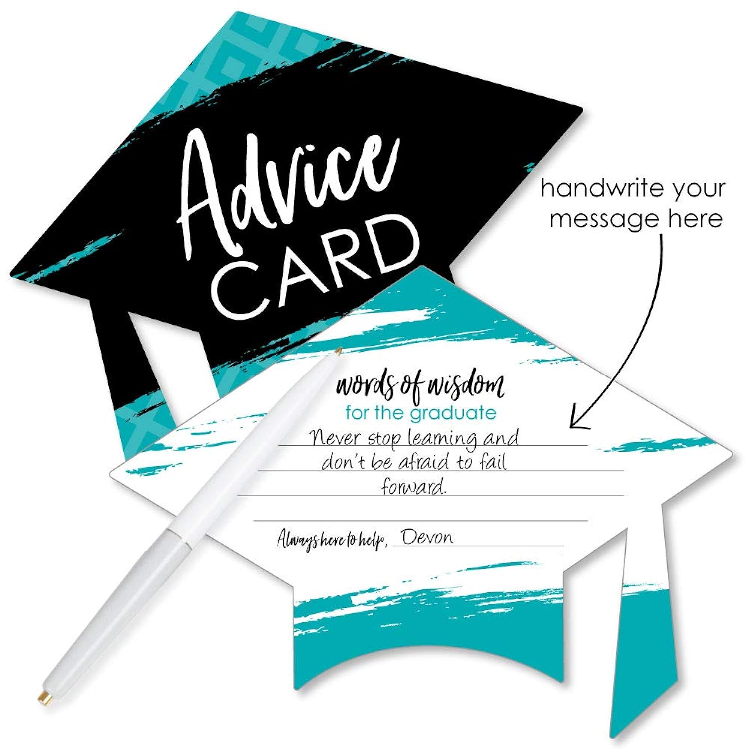 Big Dot of Happiness Teal Grad - Best is Yet to Come - Turquoise Grad Cap Wish Card Graduation Party Activities - Shaped Advice Cards Game - Set of 20