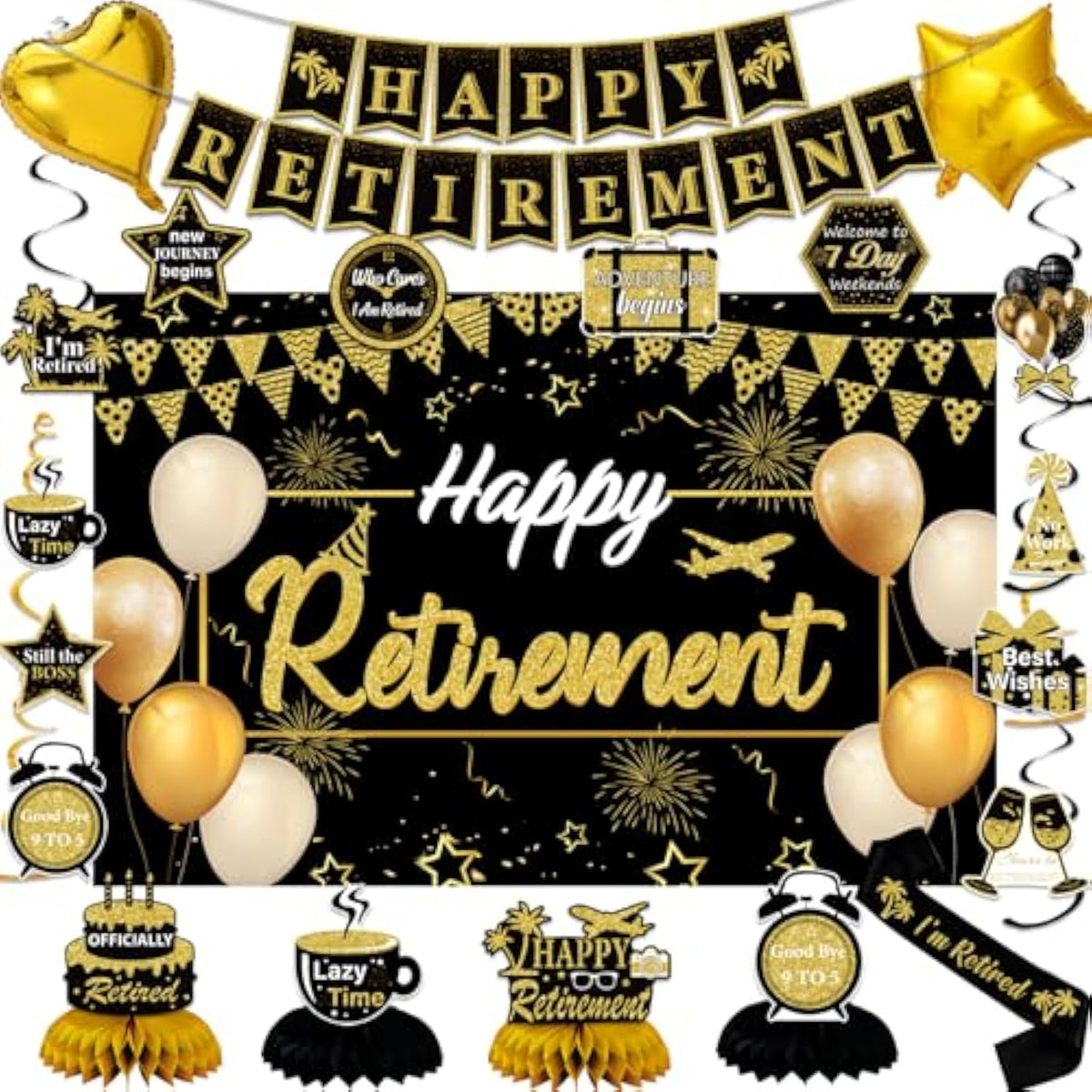Retirement Party Decorations, Black Gold Happy Retirement Decorations Supplies - Banner Backdrop, Decorations Stickers, Retired Sash, Hanging Swirls, Foil Balloons, Honeycomb Centerpieces