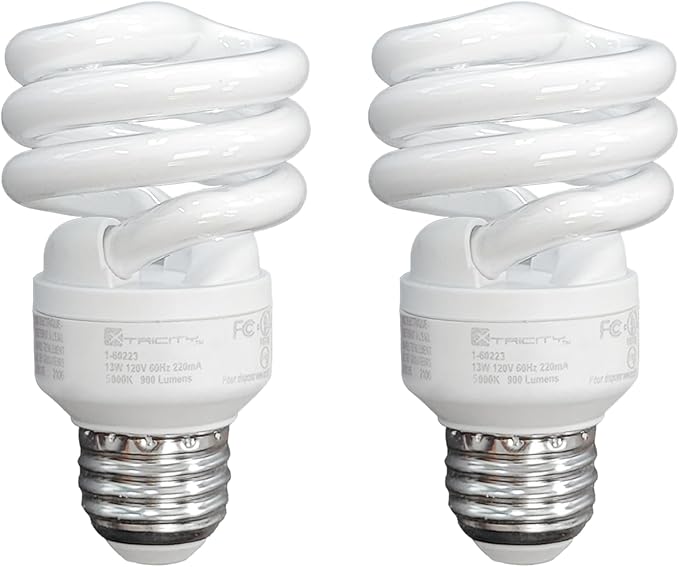 CFL T2 Spiral Light Bulbs 2 Pack 23W 100W Equivalent 5000K Daylight E26 Base 1520 Lumens UL Listed