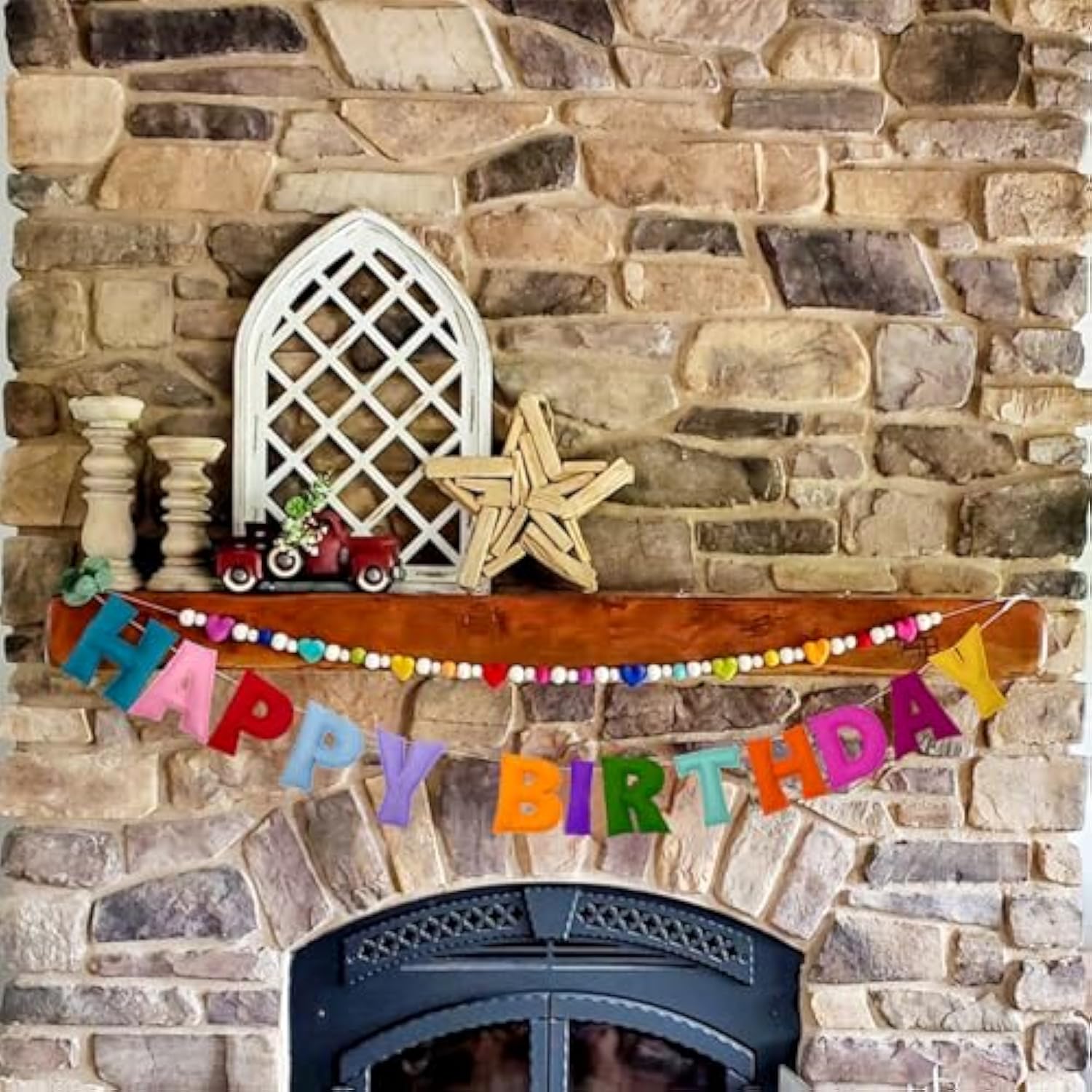 Pre-Strung Rainbow Happy Birthday Banner with Felt Ball Garland for Party Decor