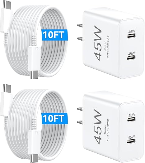 45W USB C Fast Charger with 10FT USB C Cable Dual Port Wall Charger for iPhone 17 16 15 Pro Max Samsung S24 S25 S26