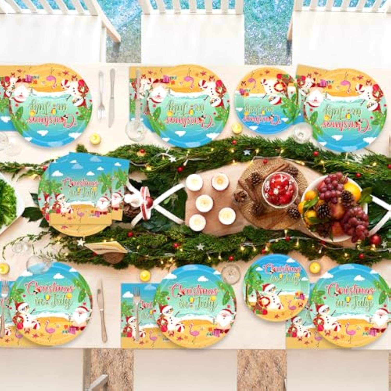 150Pcs Christmas In July Plates And Napkins - Merry Christmas Dinner Dessert Paper Plates Napkins Tableware Set For Hawaiian Beach Summer Xmas Decorations Party Supplies Tables Decor Favors,Serves 50