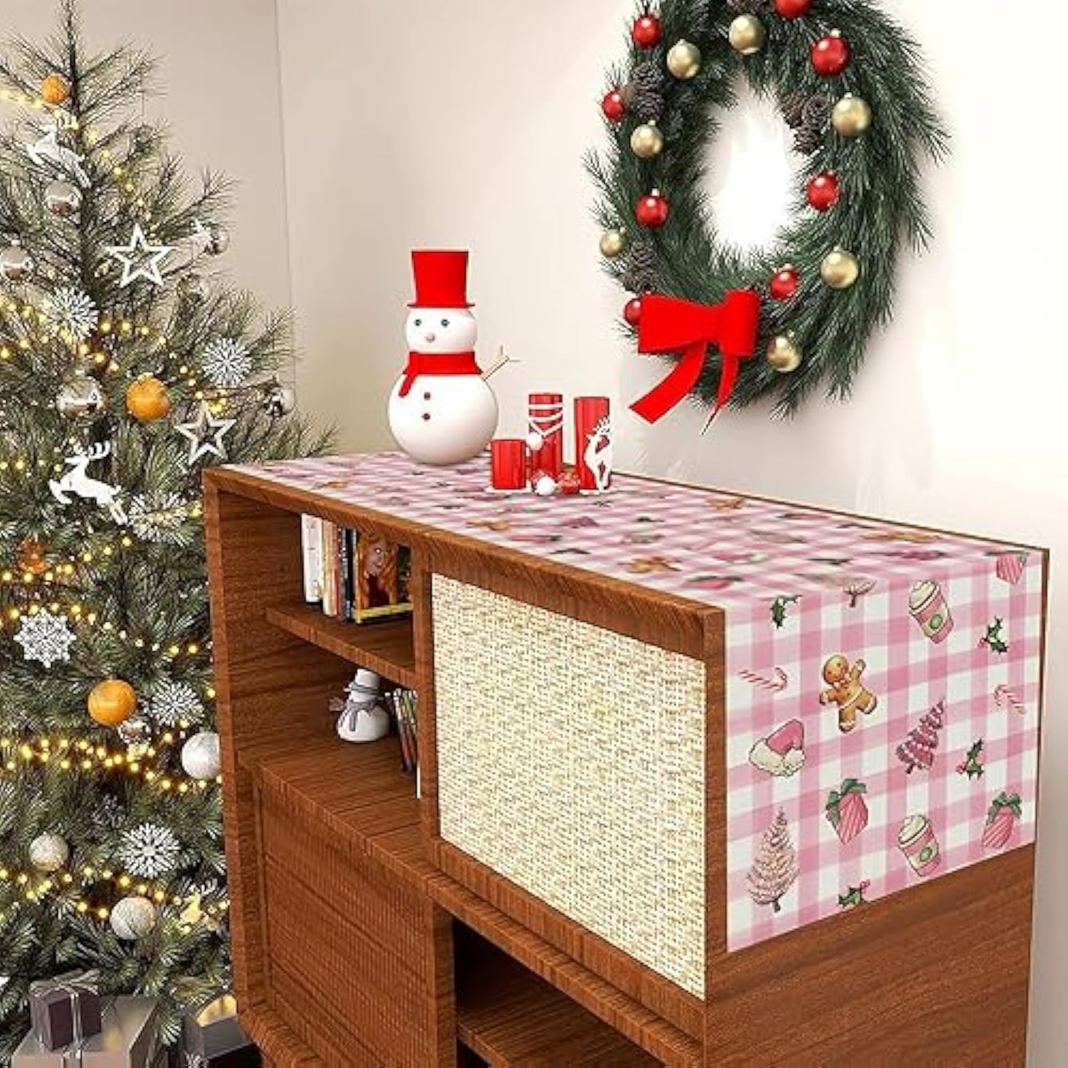 Christmas Table Runner Pink Plaid Tree Gingerbread Candy Xmas 13 X 72 Inch Winter Holiday Home Kitchen Merry Christmas Table Decor