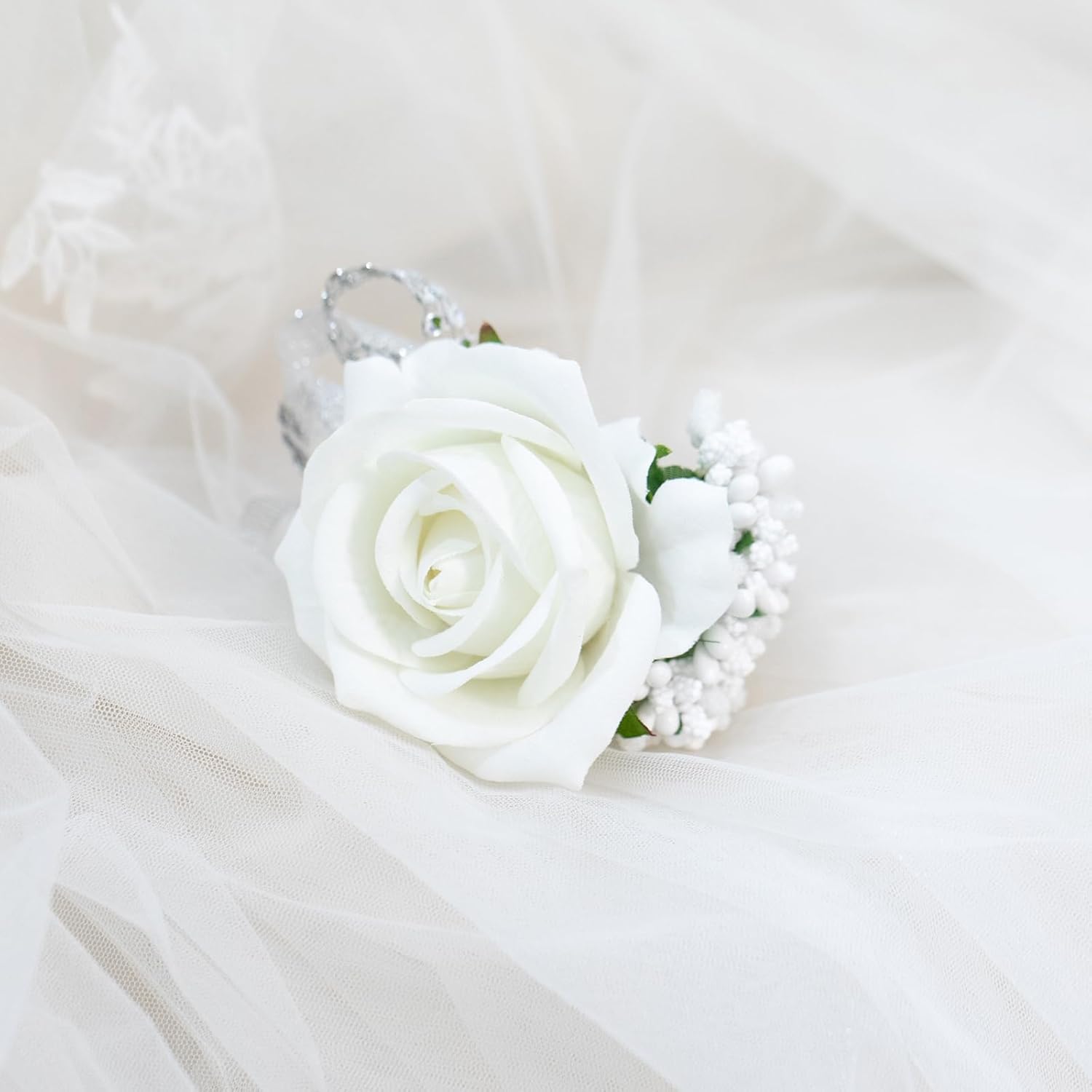 2Pcs White Rose Corsage And Boutonniere Set, Corsage Wristlet Band For Prom Decorations, Artificial Boutonniere For Men Wedding Party Suit Flower Accessories