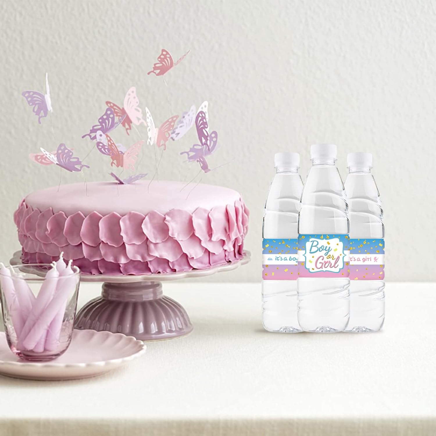 32 Pcs Gender Reveal Water Bottle Labels, Boy Or Girl Water Bottle Labels, Baby Shower Party Bottle Wrappers, Baby 1St Birthday Party Water Labels - Blue & Pink Glitter