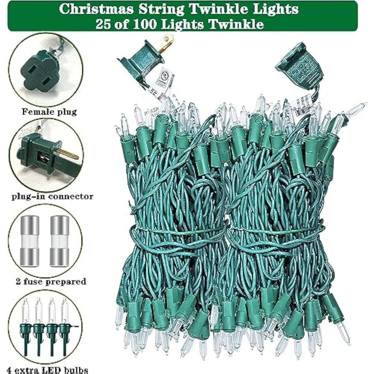 100 Led Christmas Twinkle Lights, 25 Of 100 Lights Twinkle, 33Ft Mini Christmas String Lights For Indoor & Outdoor, Conn