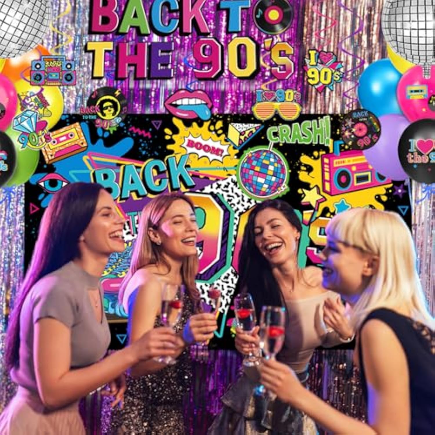 90S Party Decorations Includes 90'S Backdrop, Foil & Latex Balloons, Cake & Cupcake Toppers, Honeycomb Centerpieces Banner, Hanging Swirls For 80S 90S Party Decorations
