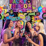 90S Party Decorations Includes 90'S Backdrop, Foil & Latex Balloons, Cake & Cupcake Toppers, Honeycomb Centerpieces Banner, Hanging Swirls For 80S 90S Party Decorations