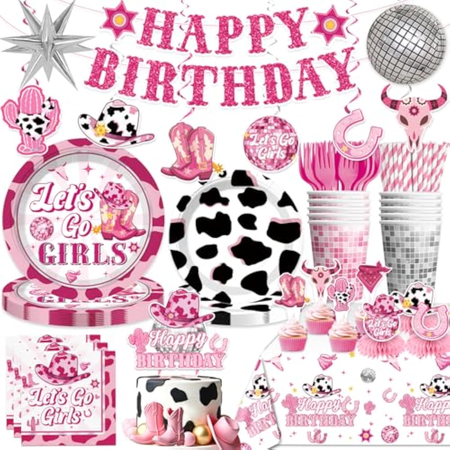 Cowgirl Birthday Party Decorations Pink Western Girl Banner Cake Decorations Disco Cowgirl Plates And Napkins Set For Rodeo Hot Pink Let'S Go Girls Party Supplies