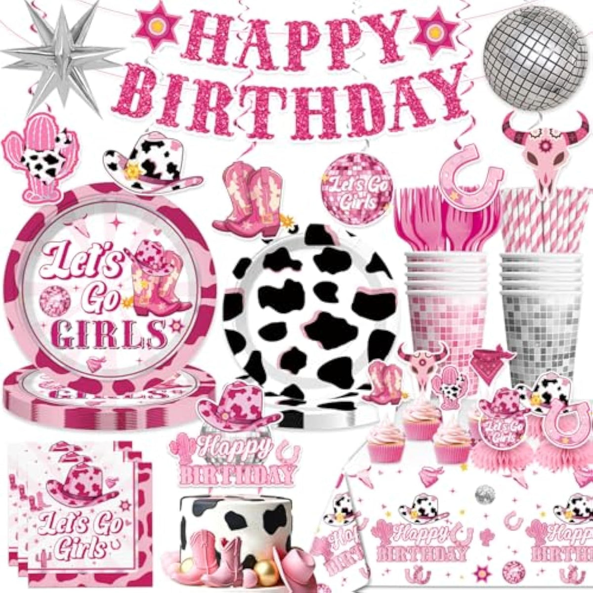 Cowgirl Birthday Party Decorations Pink Western Girl Banner Cake Decorations Disco Cowgirl Plates And Napkins Set For Rodeo Hot Pink Let'S Go Girls Party Supplies
