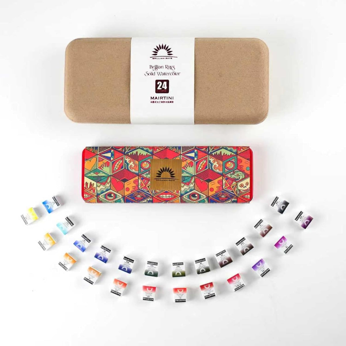 Mairtini Academy Grade Brilliant Series “Oriental Charm” Half-Pan Solid Watercolor Paint 24 Colors Set With Red Iron Case