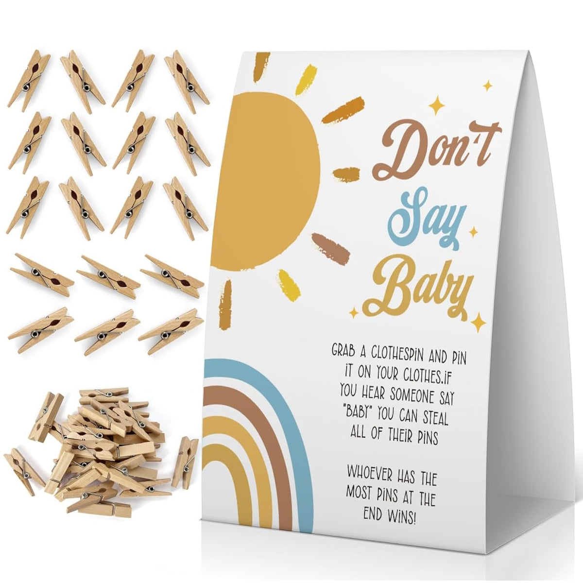Don'T Say Baby Baby Shower Game, Here Comes The Son Baby Shower Decoration, Boho Sunshine Don'T Say Baby Sign, Fun Baby Shower Games, Clothespins For Baby Shower-Dsba26