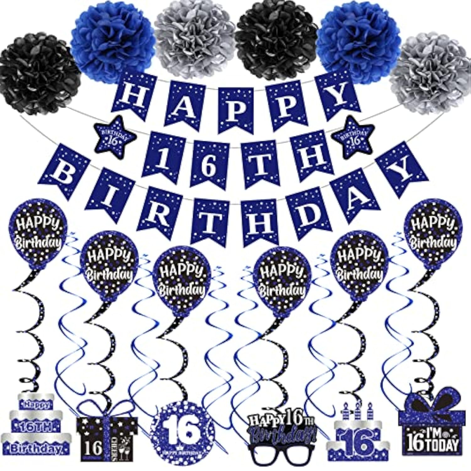 16Th Birthday Decorations For Boys Girls, Blue Happy 16Th Birthday Banner Party Decorations, Sixteen Birthday Supplies Decor Double-Sided Card Pompoms Hanging Swirl For 16 Years Teenagers Gifts 45Pcs