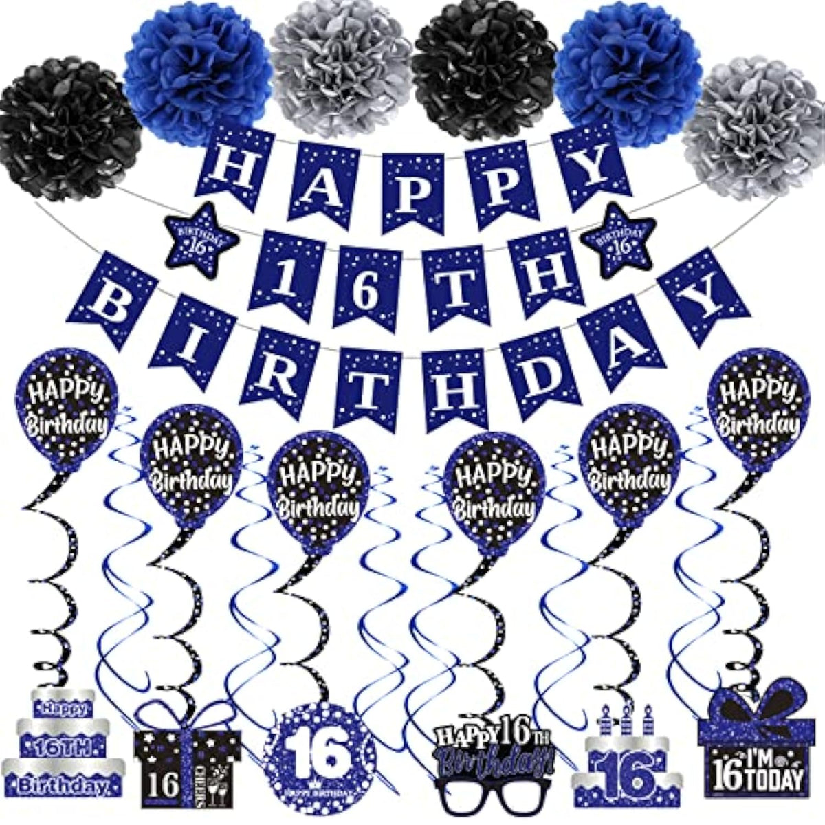 16Th Birthday Decorations For Boys Girls, Blue Happy 16Th Birthday Banner Party Decorations, Sixteen Birthday Supplies Decor Double-Sided Card Pompoms Hanging Swirl For 16 Years Teenagers Gifts 45Pcs