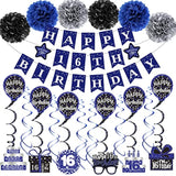 16Th Birthday Decorations For Boys Girls, Blue Happy 16Th Birthday Banner Party Decorations, Sixteen Birthday Supplies Decor Double-Sided Card Pompoms Hanging Swirl For 16 Years Teenagers Gifts 45Pcs