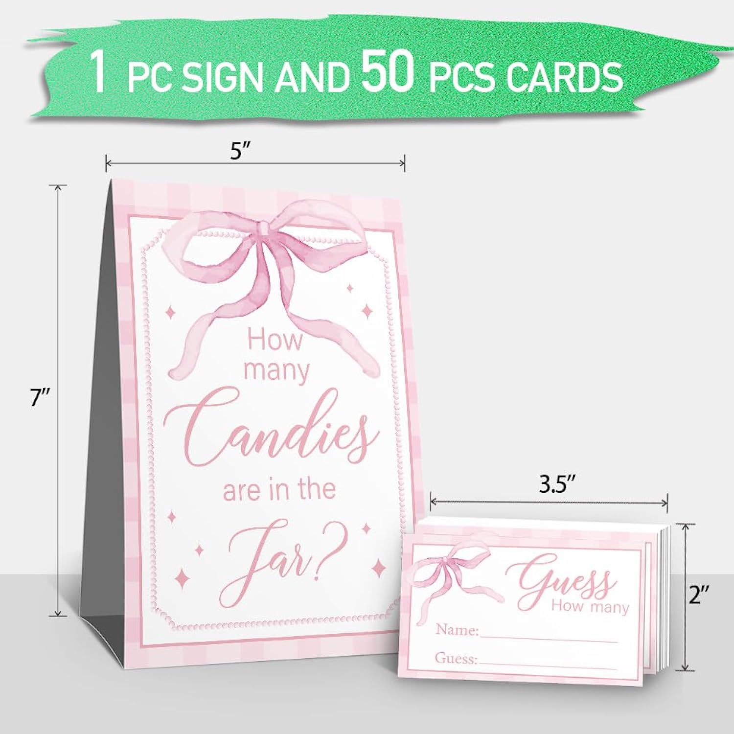 Guess How Many Candies Sign(1 Standing Sign-50 Guessing Cards) Pink Bow Theme Activities Cards Kit For Baby Showers, Newborn Parties, Bridal Shower, Engagement, Wedding Shower, Birthdays-58
