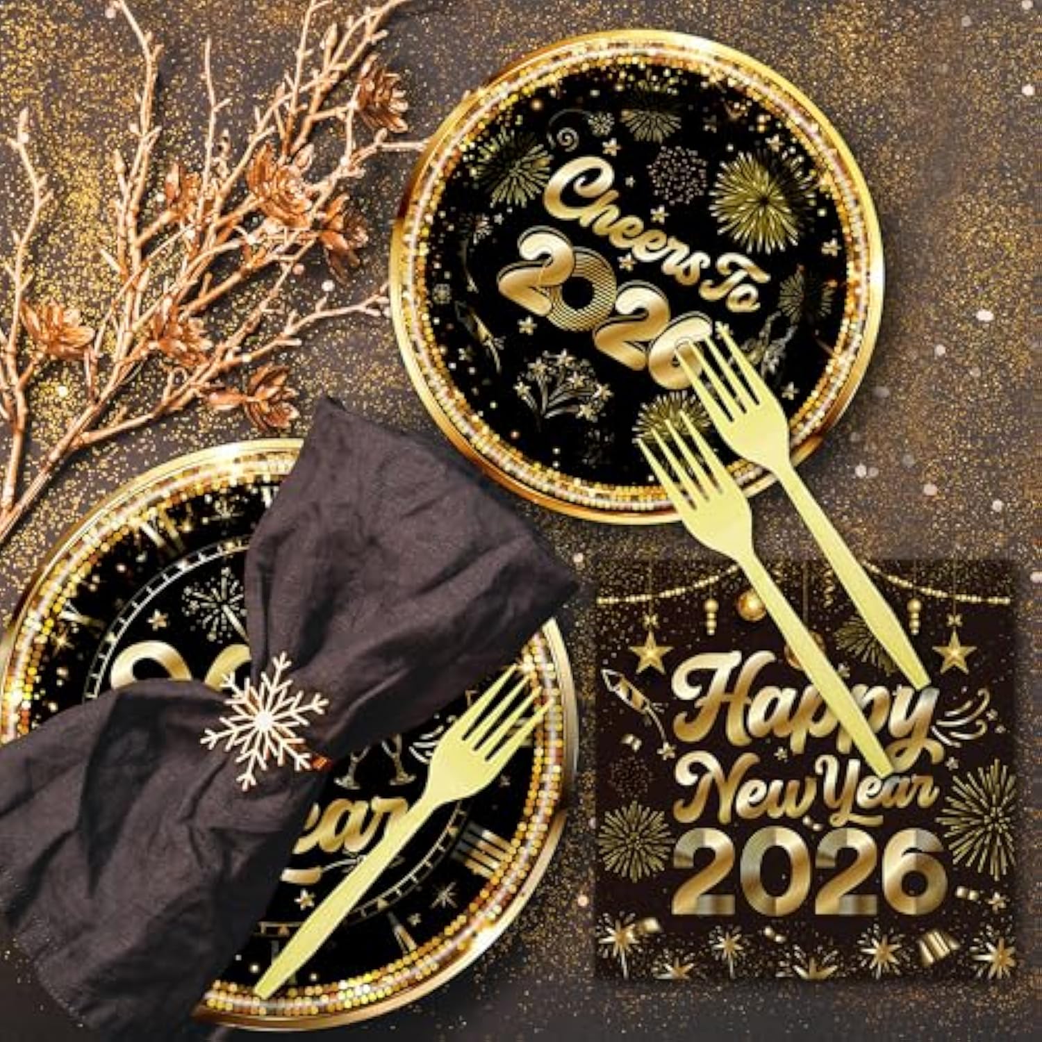 Happy New Years Decorations - 96 Pcs Cheers To 2026 Eve Plates And Napkins Forks Tableware Black And Gold Paper Disposable Dessert Dinner Dinnerware Party Supplies Set Gift Serve 24 Guests