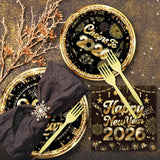 Happy New Years Decorations - 96 Pcs Cheers To 2026 Eve Plates And Napkins Forks Tableware Black And Gold Paper Disposable Dessert Dinner Dinnerware Party Supplies Set Gift Serve 24 Guests