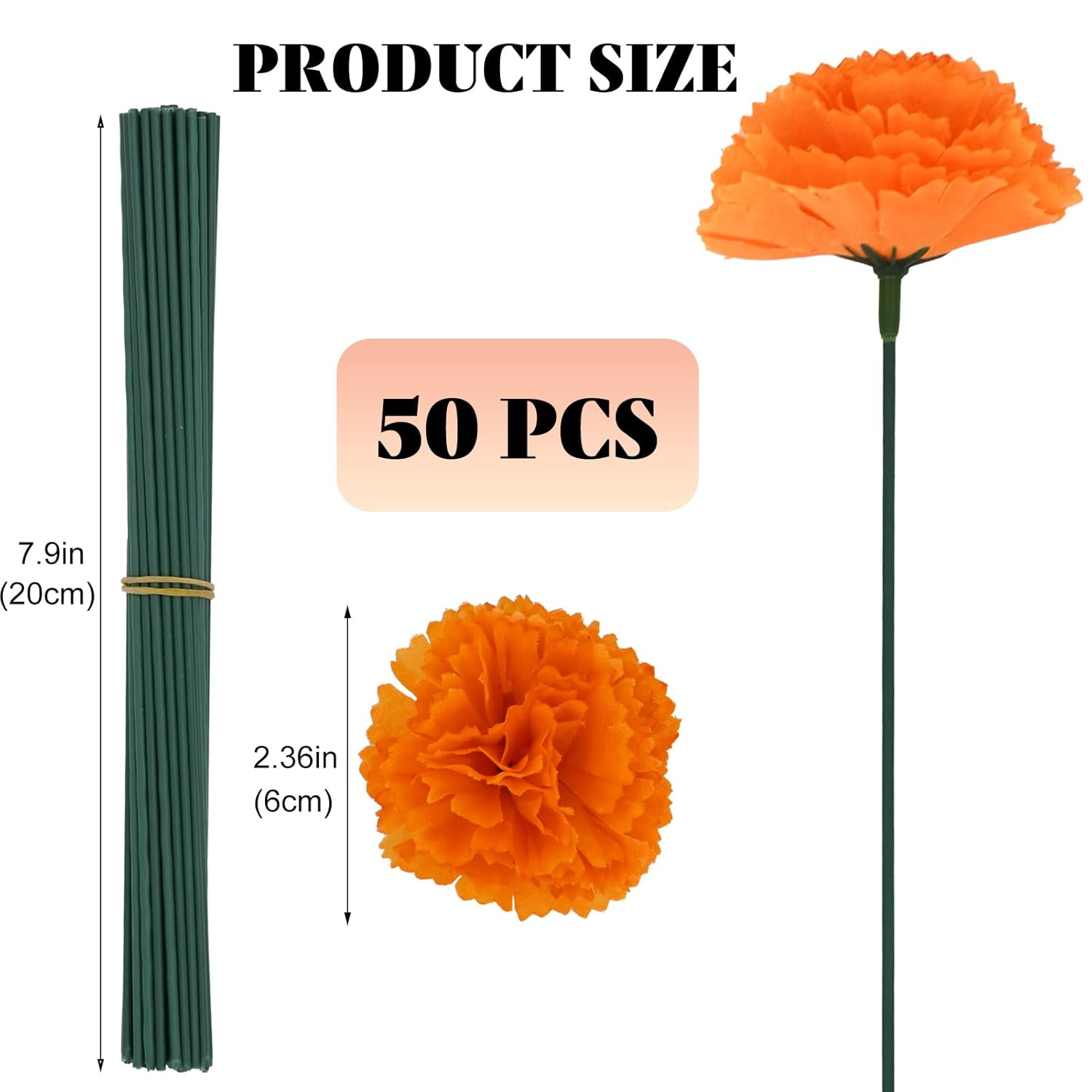 50 Pcs Marigold Silk Artificial Flowers With Stems, Mexican Flowers Decoration For Diwali, Day Of The Dead Wreath Garland, Christmas New Year Wedding Party Altar Decor