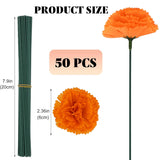 50 Pcs Marigold Silk Artificial Flowers With Stems, Mexican Flowers Decoration For Diwali, Day Of The Dead Wreath Garland, Christmas New Year Wedding Party Altar Decor