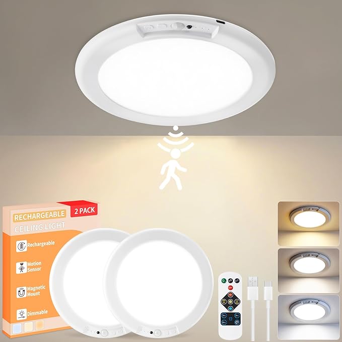 2 Pack Rechargeable Motion Sensor Ceiling Lights Wireless Dimmable LED Lights with Remote