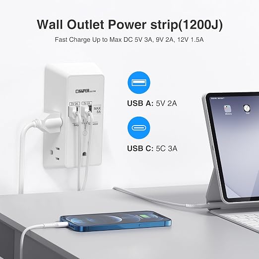 3-Sided Wall Tap Surge Protector with 5 AC Outlets and 4 USB Charging Ports