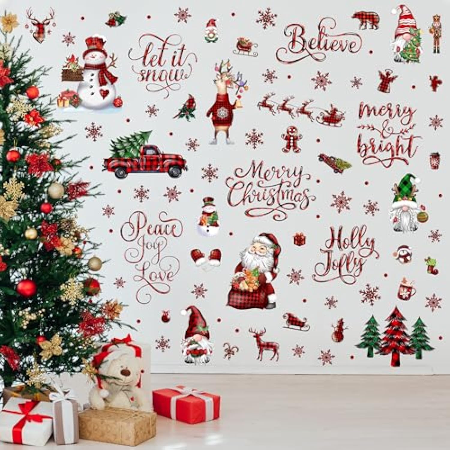 Christmas Wall Stickers Decoration 12 Sheets, Buffalo Plaid Christmas Wall Decals Holiday Letter Trees Decor, Winter Snowflake Vinyl Stickers For Living Room Bedroom Home Office