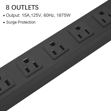Heavy Duty Surge Protector Power Strip with 8 Outlets 6FT 14AWG Metal Extension Cord Wall Mount Black