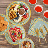 Sage Green And Gold Party Supplies 140 Pieces Happy Birthday Dinnerware - Sage Green Paper Plates, Napkins, Cups, Gold Plastic Forks, Knives, Spoons For Baby Shower Birthday Party Decoration