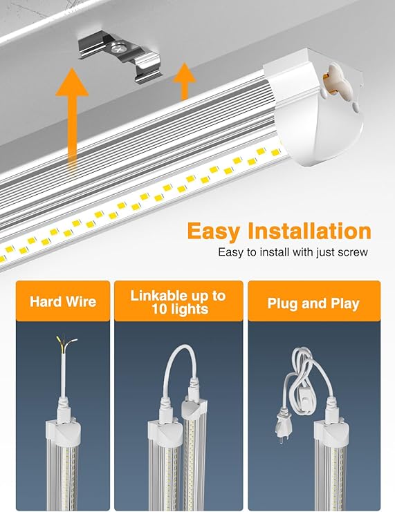 4 Pack LED Shop Lights 25W 3750LM 6500K Plug and Play Linkable T8 Tube Fixtures for Garage Workshop