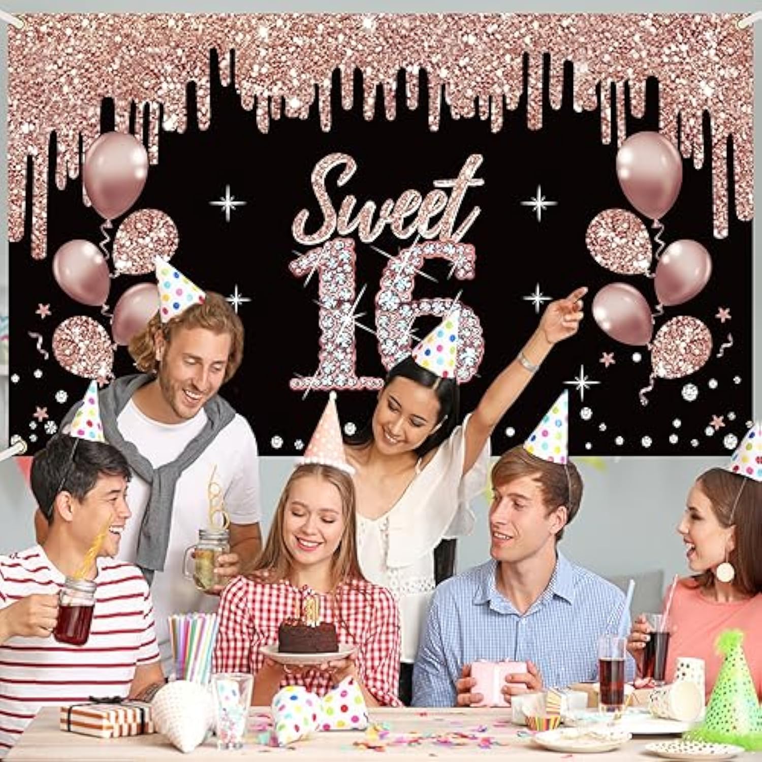 Rose Gold Sweet 16 Birthday Banner for Girls, Photo Booth Party Supplies