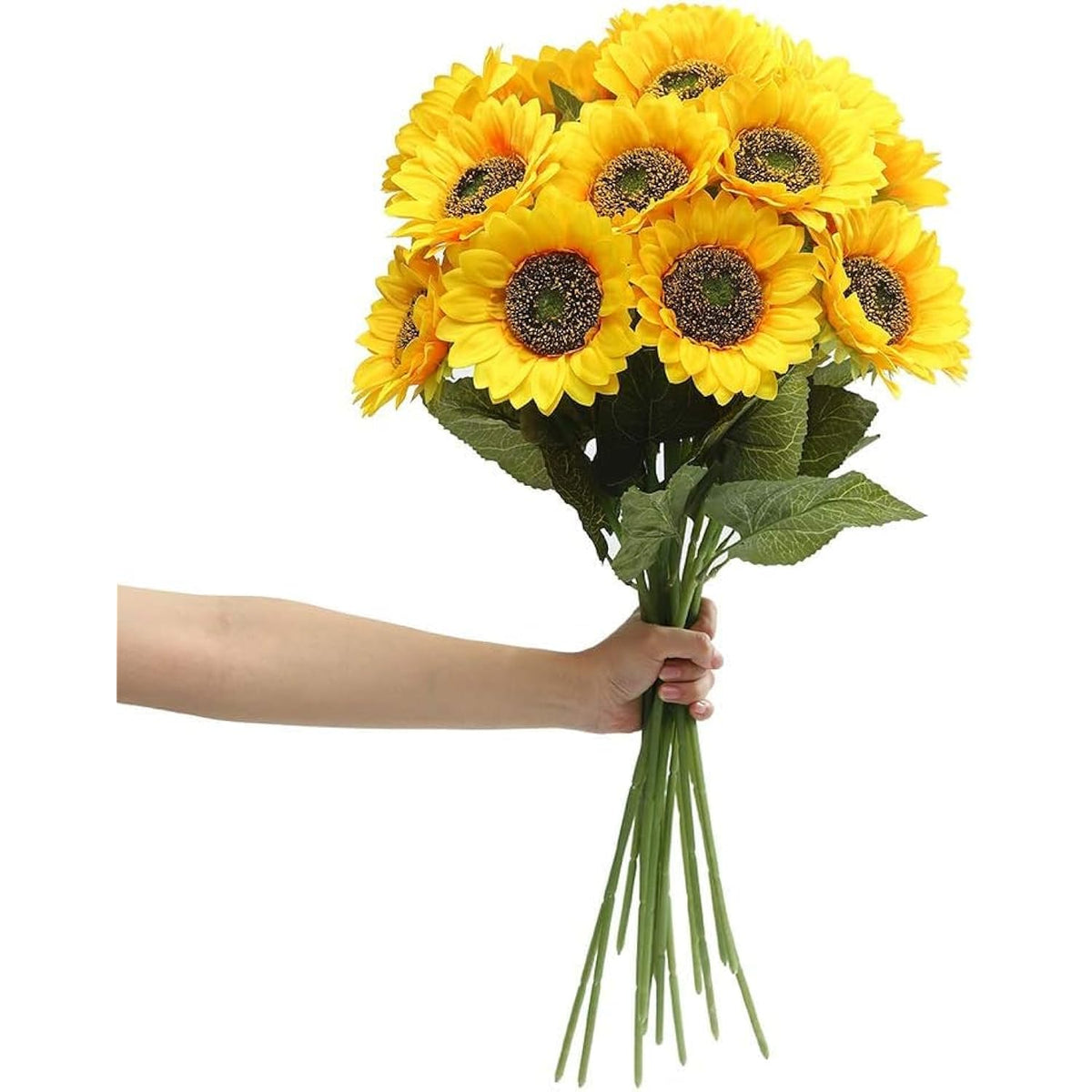 Artificial Sunflower Flowers Long Stem Silk Fake Large Sunflowers Decoration For Outdoor Home Wedding Baby Shower Birthday Party Single Bulk Yellow Decor 6Pcs (Dark Center)