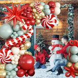 Christmas Balloon Arch Garland Kit, Dusty Pastel Green Metallic Gold White Sand Ruby Red Long Latex Balloons with Large Cane Candy Exploding Star Foil Balloon for Xmas Baby Shower Party Decorations