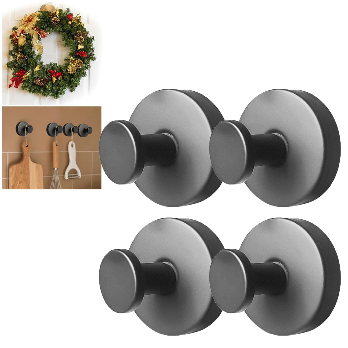 4Pcs New Model No-Drill Suction Cup Hooks For Door Wreaths, Wreath Hangers For Front Door, Suction Cup Hooks For Shower, Removable, Waterproof & Rustproof (Black)