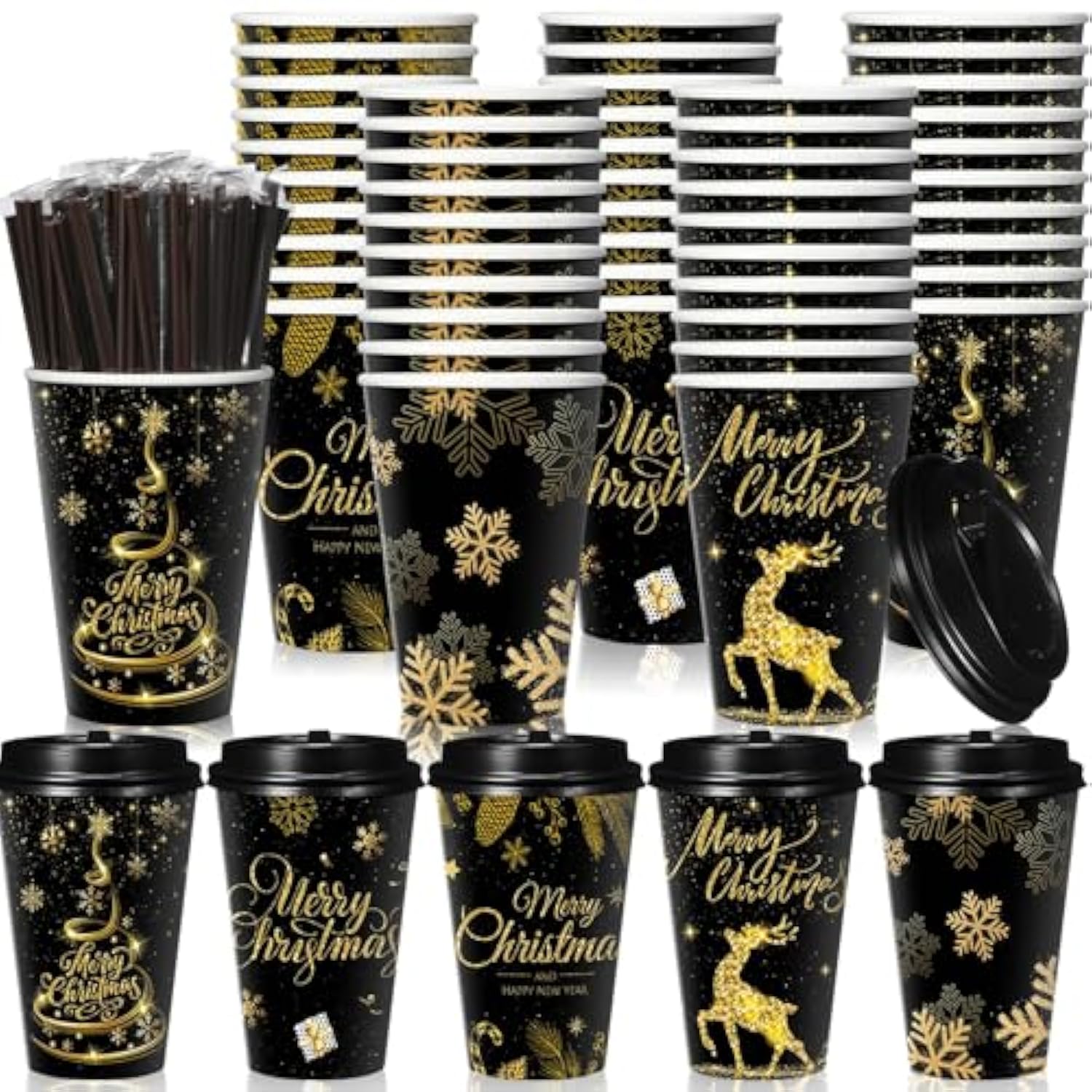 50 Pack 16 Oz Christmas Coffee Cups Bulk Black Gold Snowflake Disposable Cups Merry Christmas Paper Cups With Lids Straws Elk Paper Drinking Cups For Kids Christmas Birthday Party Supplies