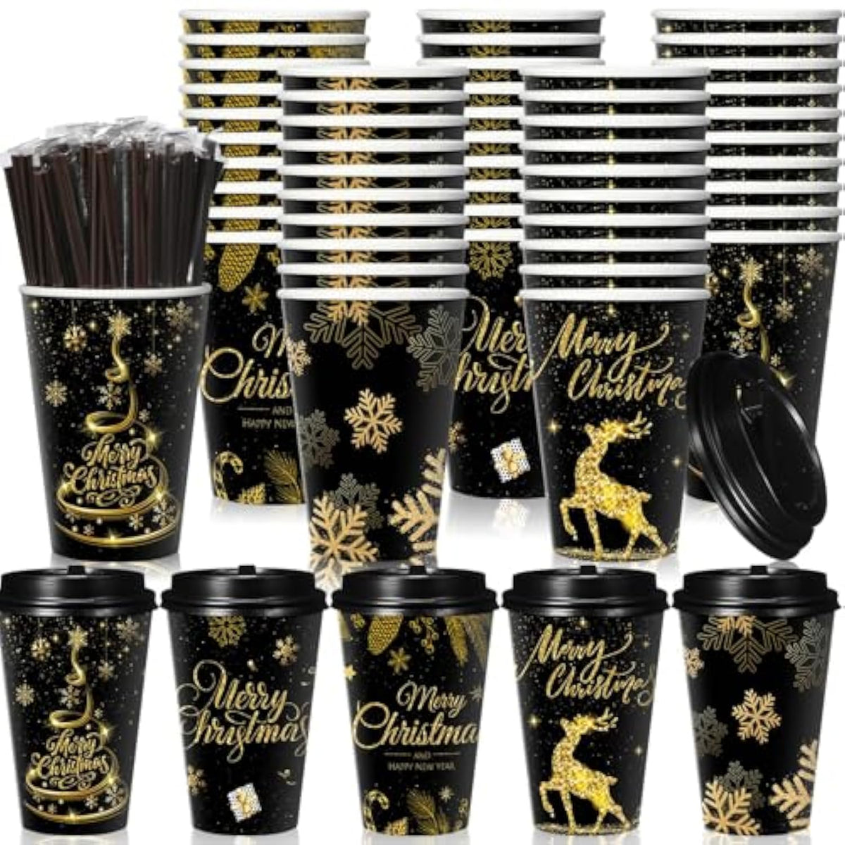 50 Pack 16 Oz Christmas Coffee Cups Bulk Black Gold Snowflake Disposable Cups Merry Christmas Paper Cups With Lids Straws Elk Paper Drinking Cups For Kids Christmas Birthday Party Supplies