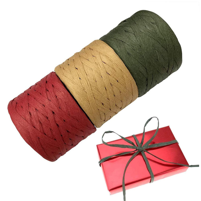 Raffia Ribbon String, 3 Rolls 492 Feet Red Green Kraft, Packing Paper Twine Fo