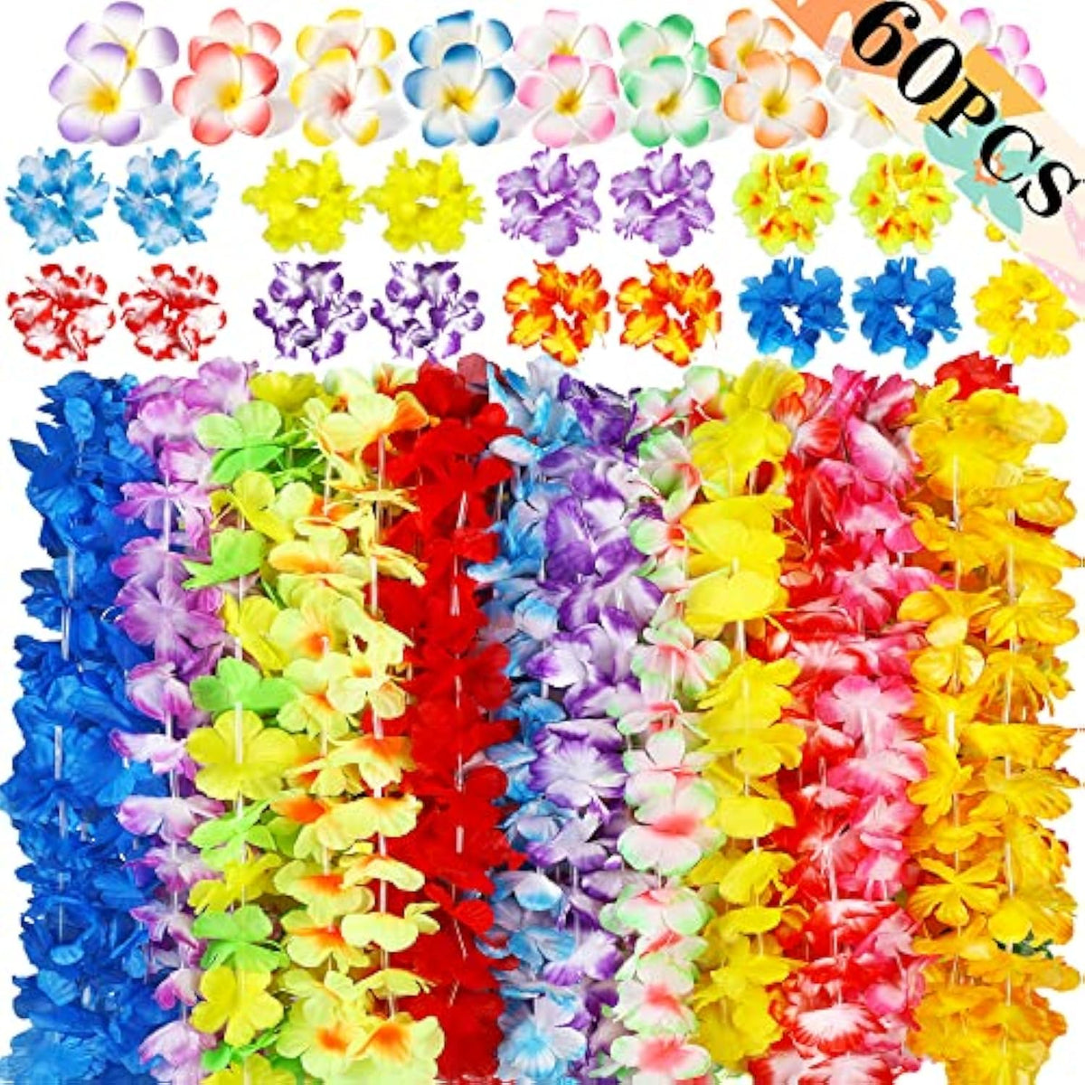 60Pcs Hawaiian Luau Leis Party Decorations Supplies Set - Tropical Tiki Flowers Necklaces + Bracelets + Hair Clips Bulk Summer Pool Birthday Decor Favors