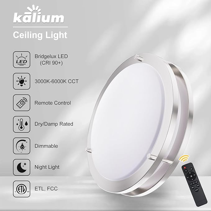 16 Inch LED Ceiling Light with Remote 32W Dimmable Flush Mount 3000K-6000K
