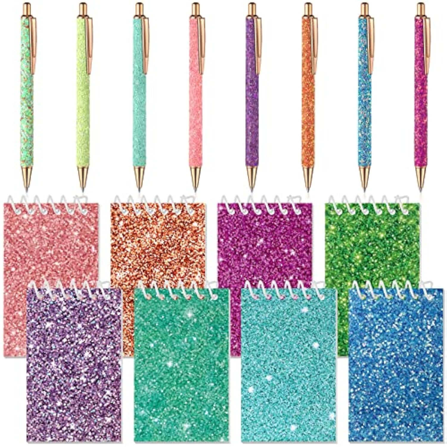 16 Pcs Glitter Pens And Notebooks Set Mini Spiral Notepads Fancy Pens For Kids Girls Women Sparkly Sequins Journaling Ballpoint Christmas Birthday Gift Classroom Rewards(Classic Color)