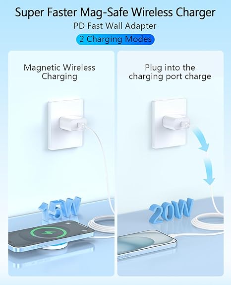 15W Magnetic Wireless Charger with 20W Adapter and 6FT Cable for iPhone AirPods